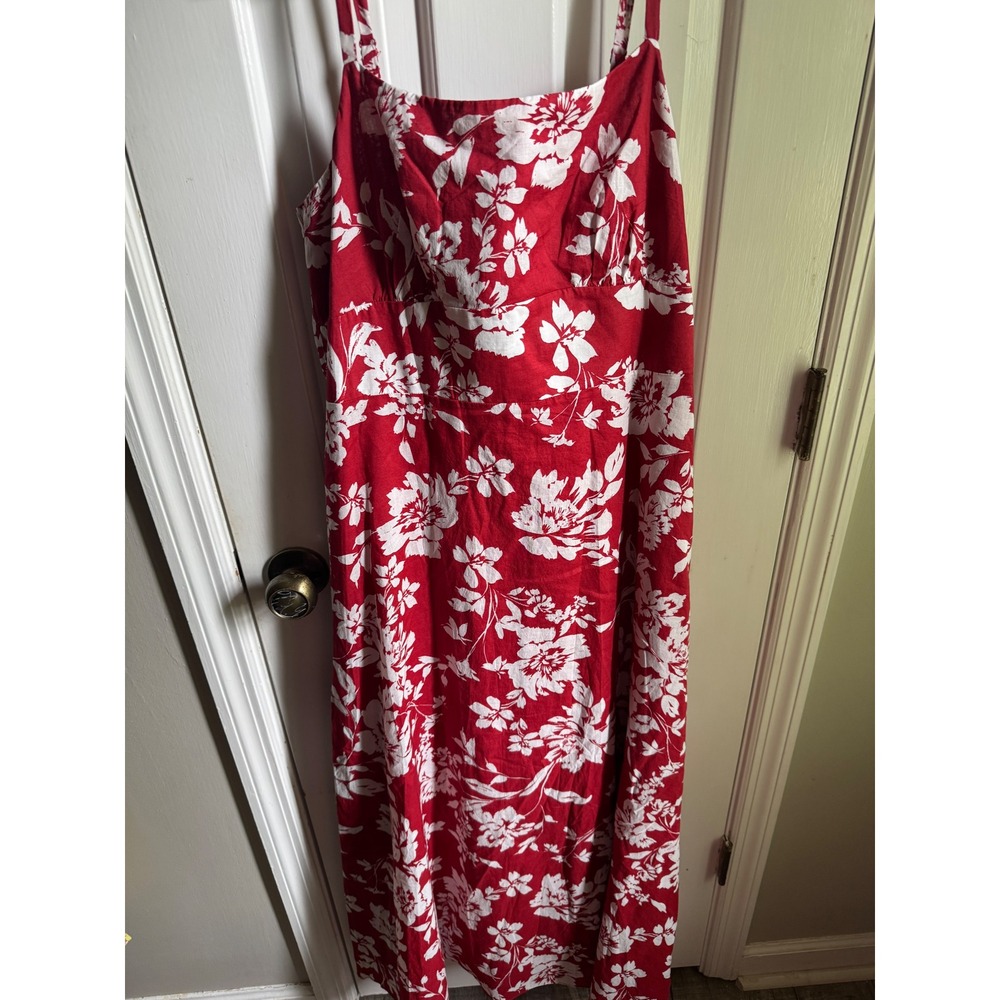 Madewell Red White Floral Linen Blend Maxi Dress Smocked Back Size 12 - Picture 2 of 5